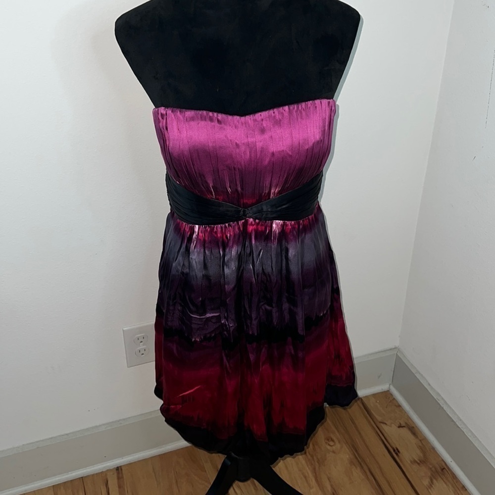 BEBE‎ ombré pleated strapless top draped bottom 100% silk dress Sz L